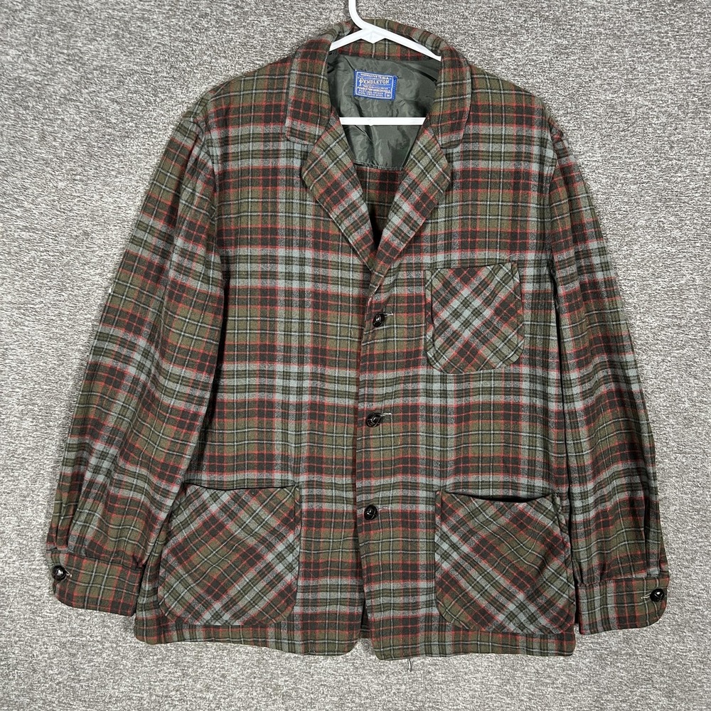 Vintage Pendleton Blazer Mens Medium Green Plaid Wool Sport Coat Jacket Casual